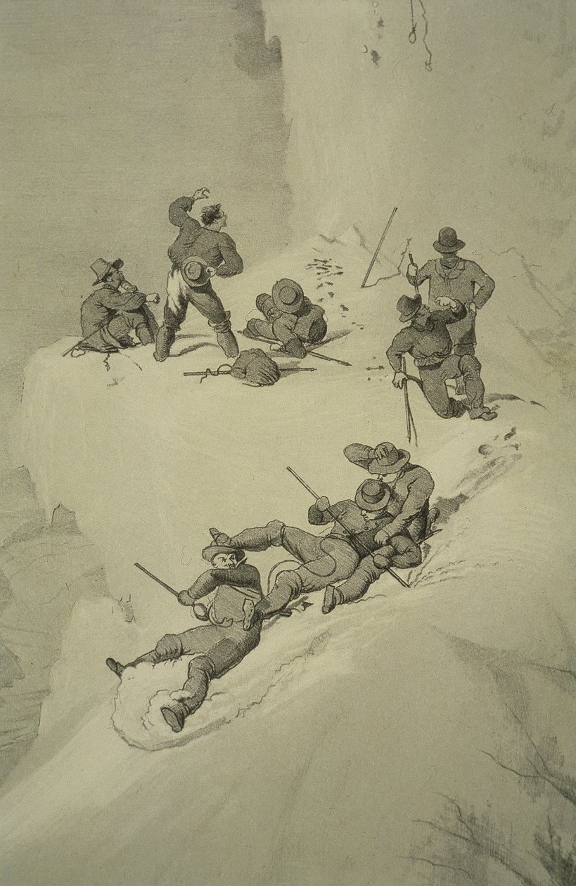 Una caída en el ascenso, de Diez escenas en el último ascenso al Mont Blanc, incluyendo cinco vistas desde la cumbre, por J.D.H. Browne, publicado en 1853 de English School