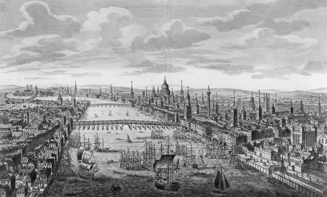 Vista general de la ciudad de Londres junto al río Támesis, c.1780 de English School