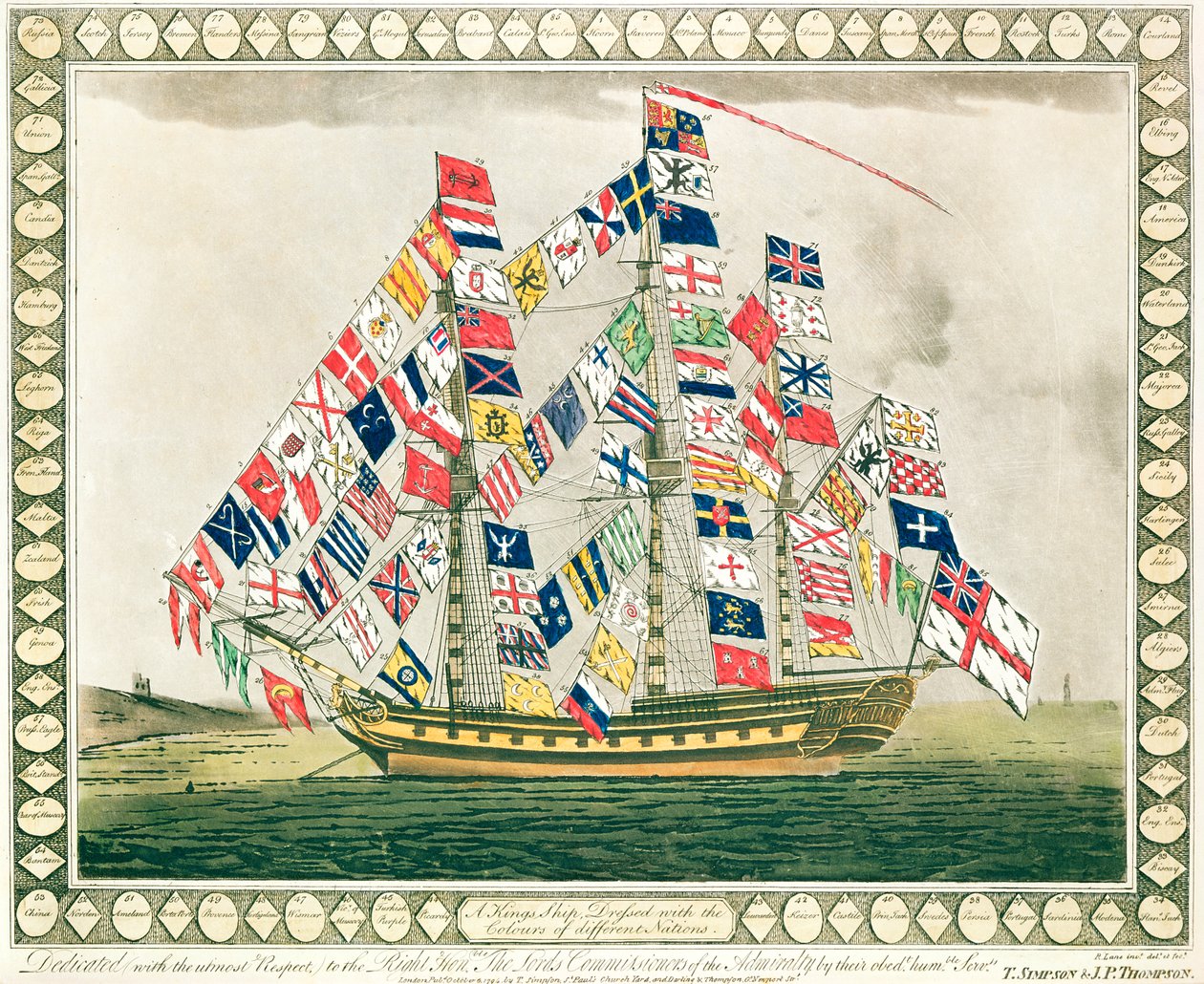 Un barco del rey vestido con los colores de diferentes naciones, 6 de octubre de 1794 de English School