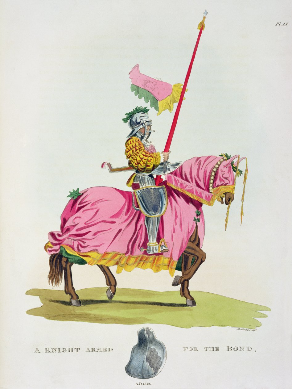 Un caballero armado para el vínculo, 1512, grabado por W. Maddocks, de 