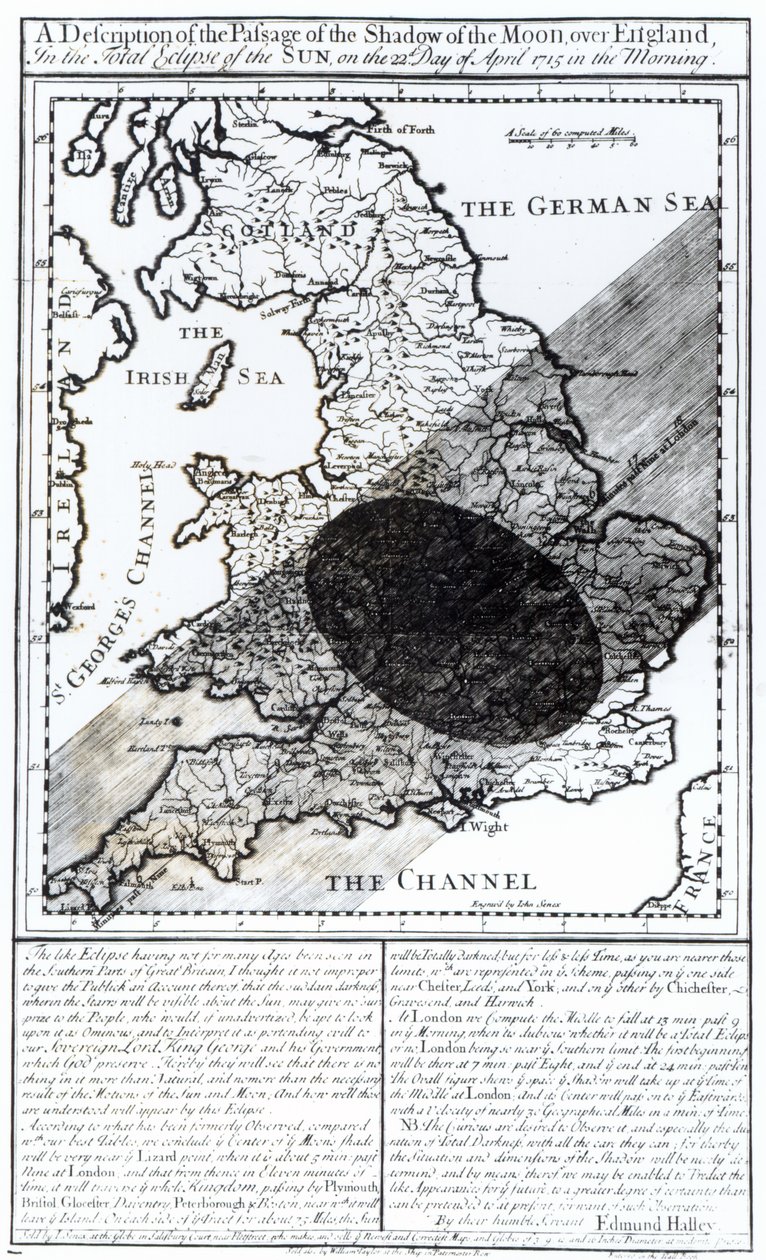 Un Mapa que Muestra el Paso de la Sombra de la Luna sobre Inglaterra el 22 de abril de 1715, grabado por John Senex, 1715 de English School