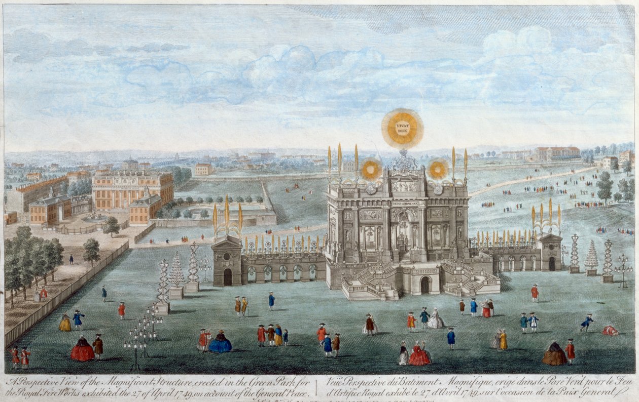 Vista en perspectiva de la magnífica estructura erigida en Green Park para los fuegos artificiales reales, pub. por Robert Wilkinson, 1749 de English School