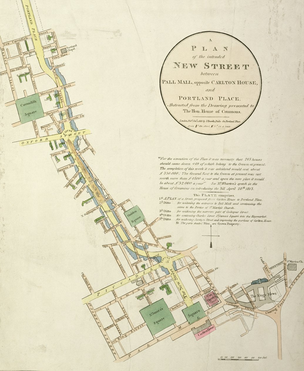 Plano de la nueva calle prevista entre Pall Mall, frente a Carlton House, y Portland Place, diseñado por John Nash (1758-1835) publicado por J. Booth, 1818 de English School