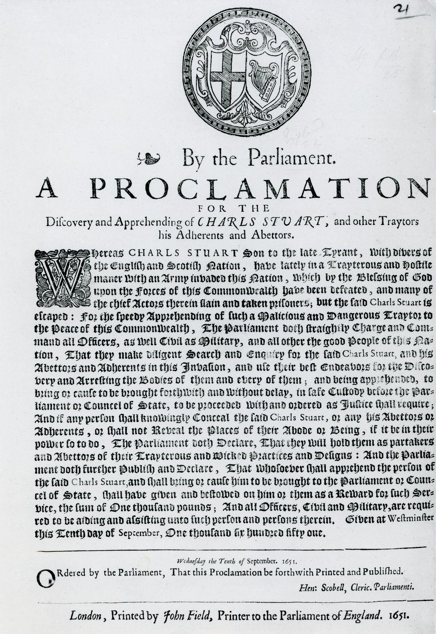 Una proclamación del Parlamento para el descubrimiento y captura de Charles Stuart y otros traidores, adherentes y cómplices, publicada en 1651 de English School
