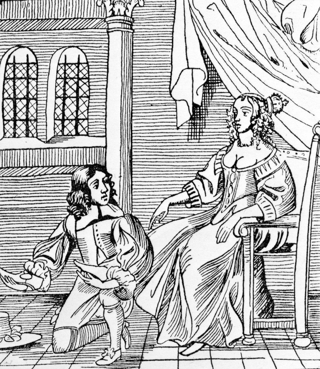 Un zapatero del siglo XVII ajustando a un cliente distinguido, ilustración de 