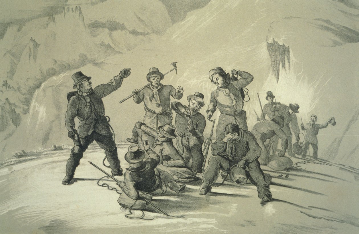 Una parada para refrescarse, de Diez escenas en el último ascenso al Mont Blanc, incluyendo cinco vistas desde la cumbre, por J.D.H. Browne, publicado en 1853 de English School