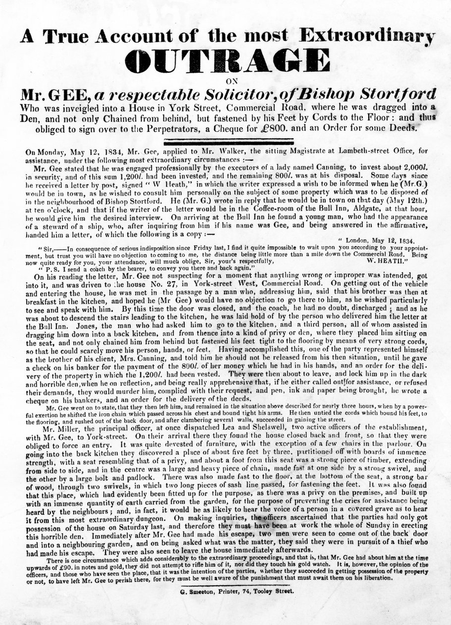 Un relato verdadero del ultraje más extraordinario a Mr. Gee, 1834 de English School