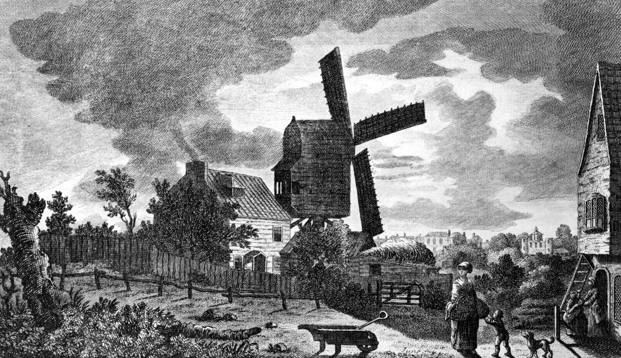 Vista de un molino cerca de Blackheath en Kent, a la luz de la luna, 1770 de English School