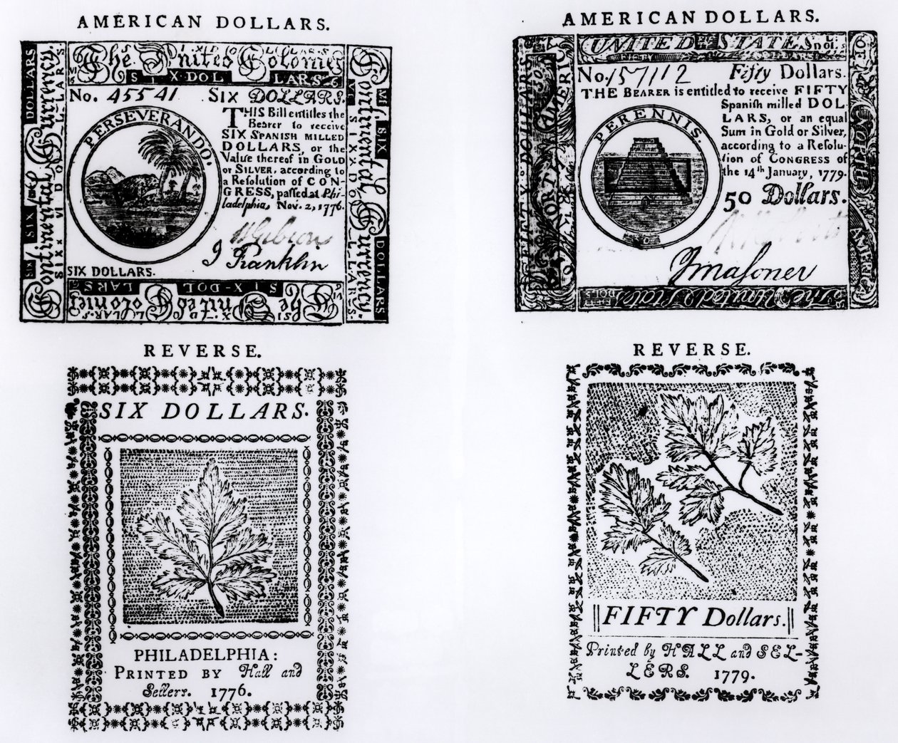 Un billete colonial de seis dólares de 1776 y un billete americano de cincuenta dólares de 1779 de English School