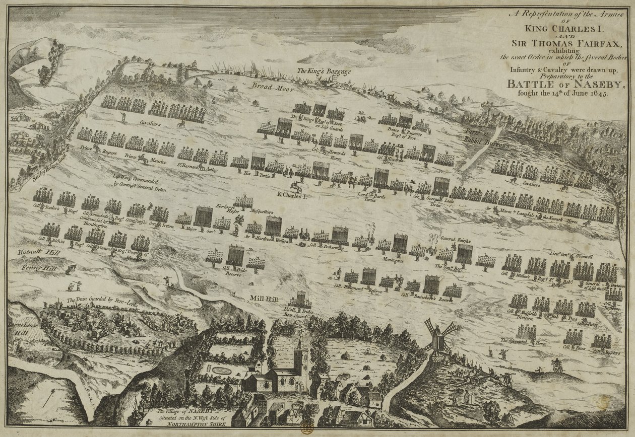 Una representación de los ejércitos del Rey Carlos I y Sir Thomas Fairfax mostrando el orden exacto, preparatorio para la Batalla de Naseby, 1645 de English School