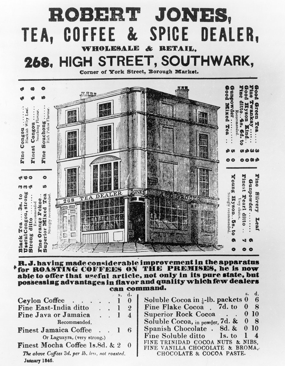 Anuncio de Robert Jones, comerciante de té, café y especias, enero de 1845 de English School
