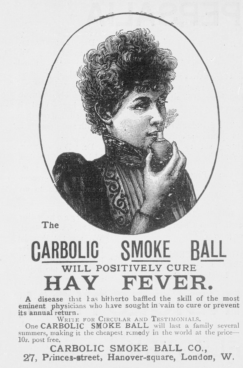 Anuncio de la Bola de Humo Carbólico, una cura para la fiebre del heno de English School