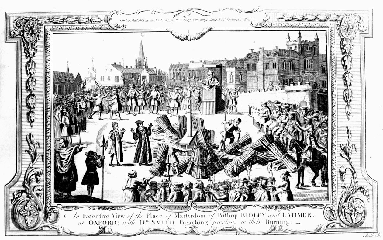 Vista extensa del lugar del martirio del obispo Ridley (c.1500-55) y Latimer (c.1485-1555) en Oxford con el Dr. Smith predicando antes de su quema de English School
