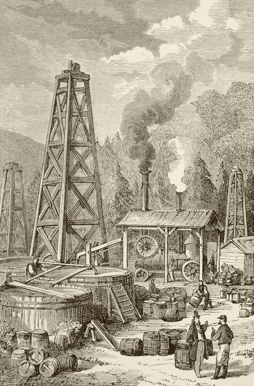 Un pozo de petróleo en Pensilvania, EE.UU., siglo XIX de English School