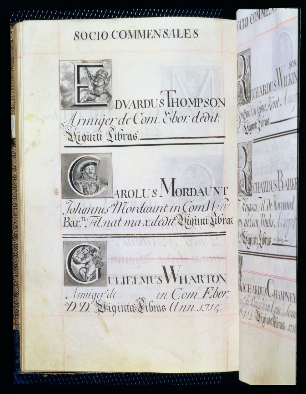 Página que enumera tres benefactores del New College, Oxford; Edvardus Thompson, Carolus Mordaunt y Gulielmus Wharton, de un Libro de Benefactores, 16812-84 de English School