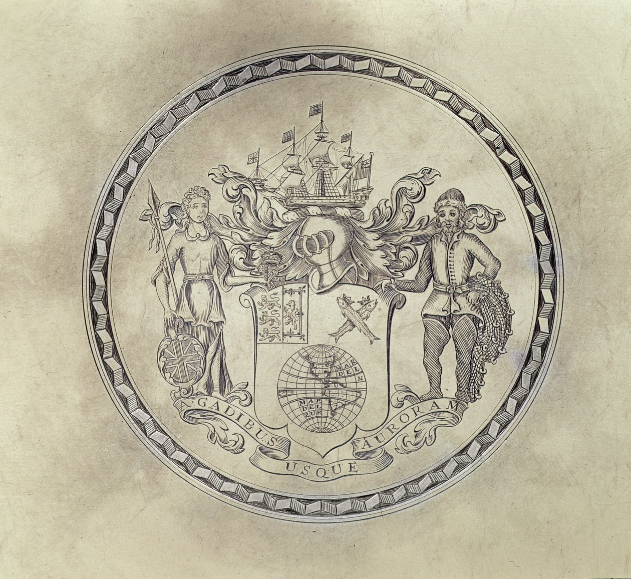 Escudos de la Compañía del Mar del Sur, grabados en una bandeja, 1714 de English School
