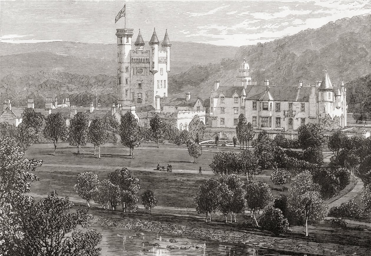 Castillo de Balmoral, Aberdeenshire, visto desde el río Dee, de 