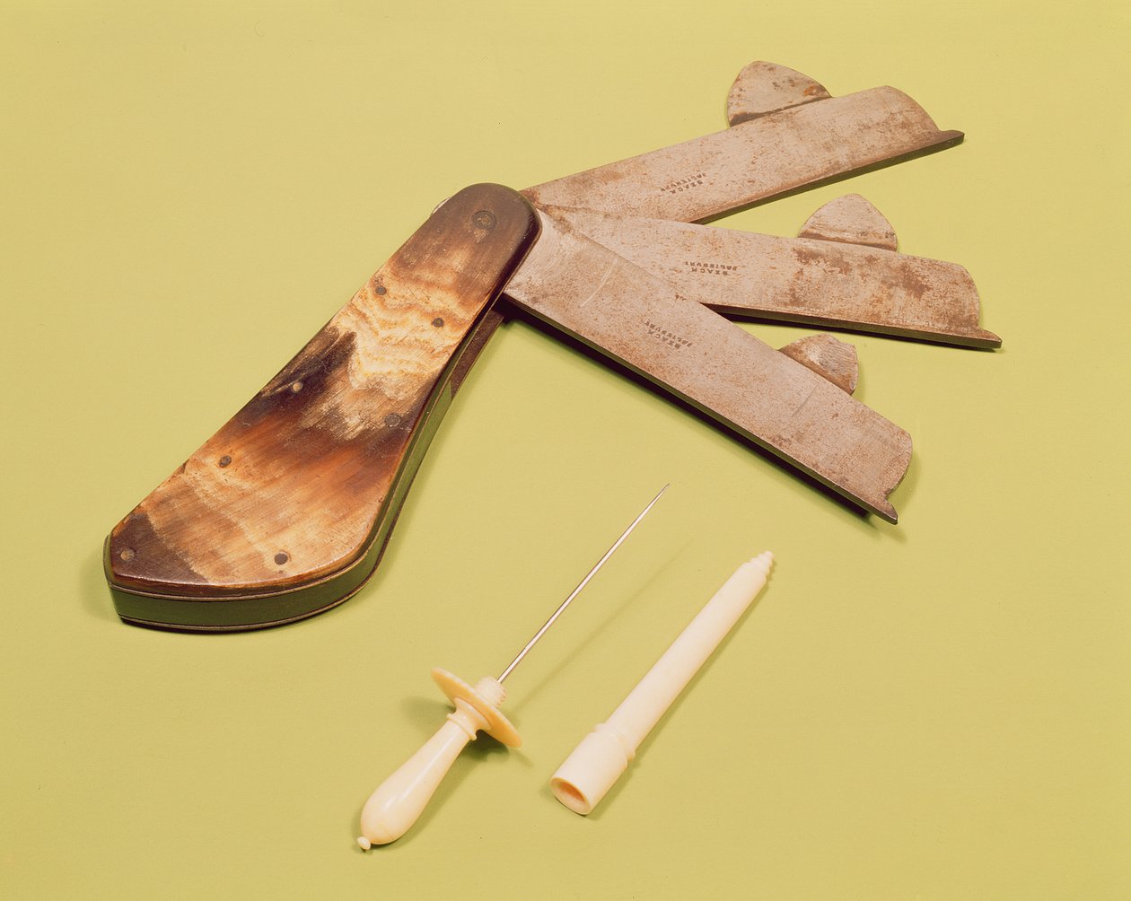 Cuchillo de sangrado con tres hojas y pin de lanceta con mango y cubierta de marfil, c.1790 de English School