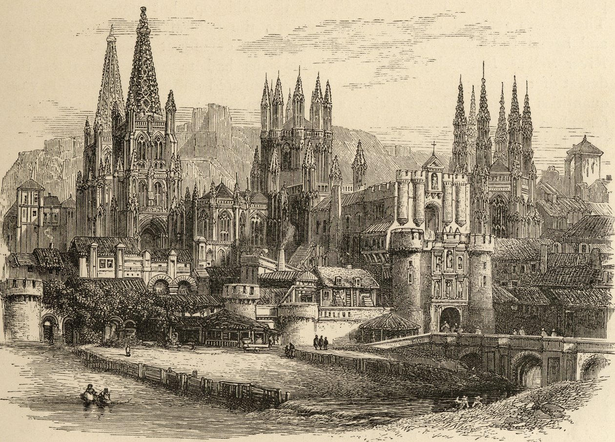 Puente, puerta y catedral de Burgos, ilustración de 