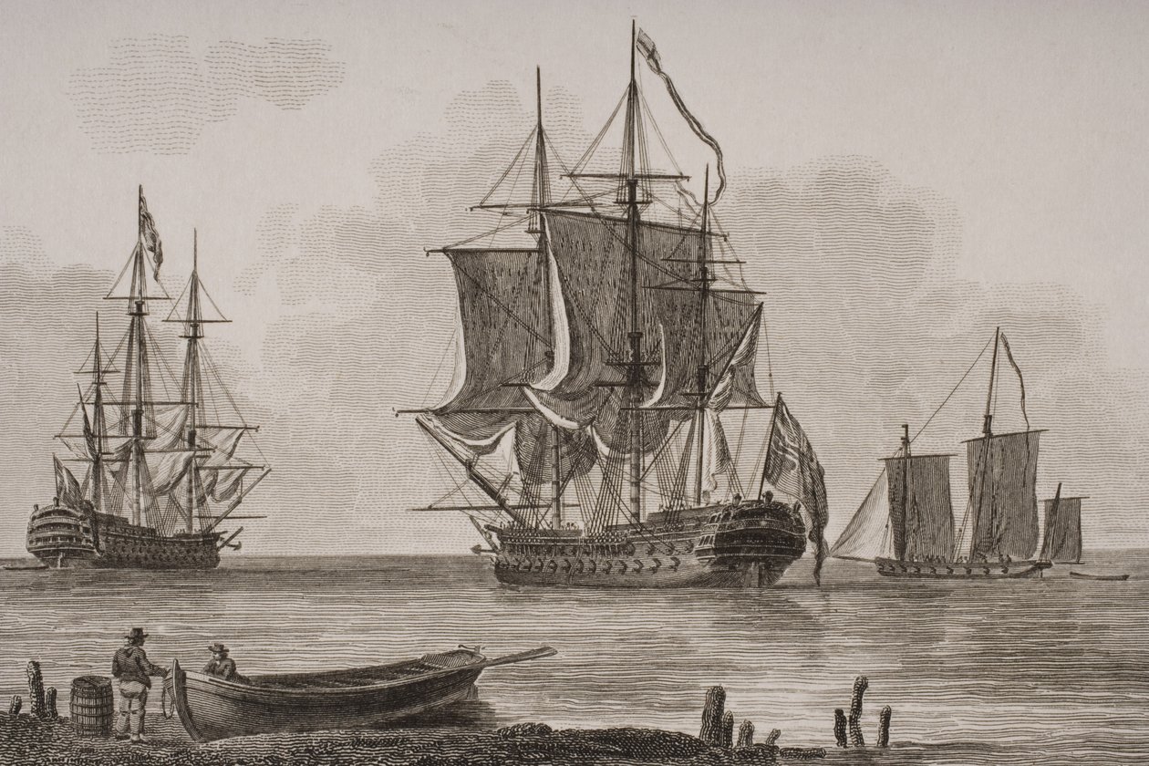 Hombres de guerra británicos, grabado por Thomas Milton (1743-1827) 1820 de English School