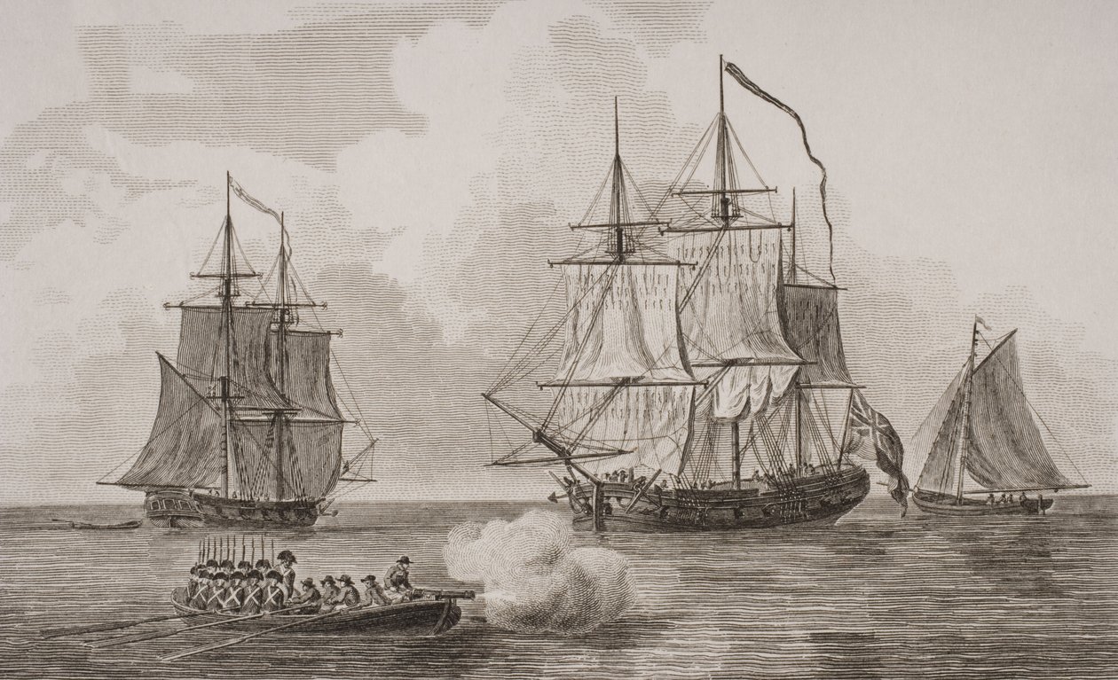 Hombres de guerra británicos, grabado por Thomas Milton de English School