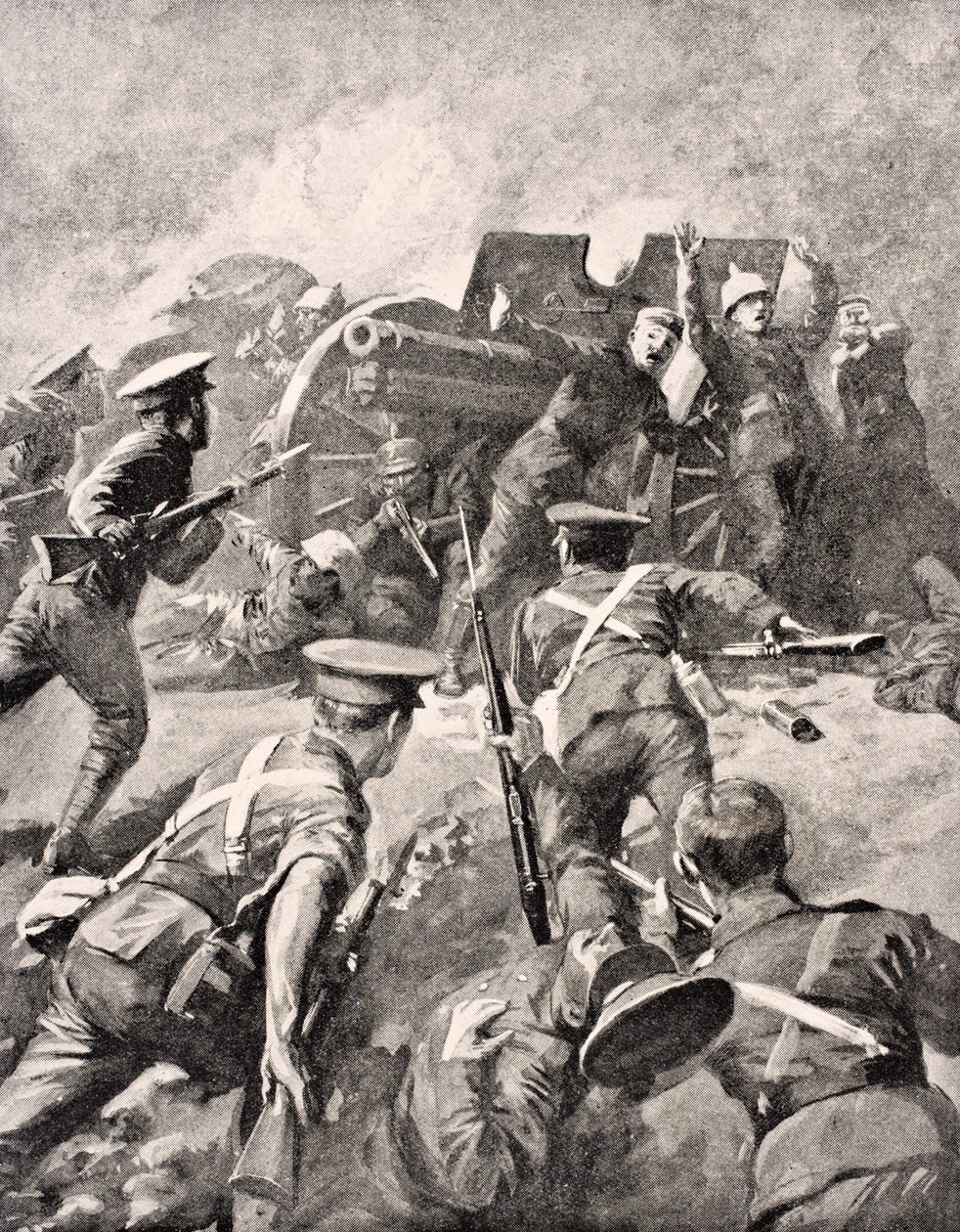 Soldados británicos cargando a bayoneta contra artilleros alemanes, de 