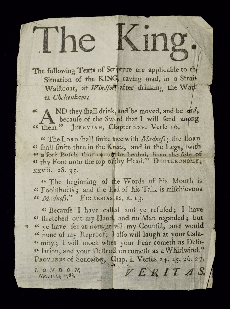 Hoja informativa sobre la locura del rey Jorge III, 1788 de English School