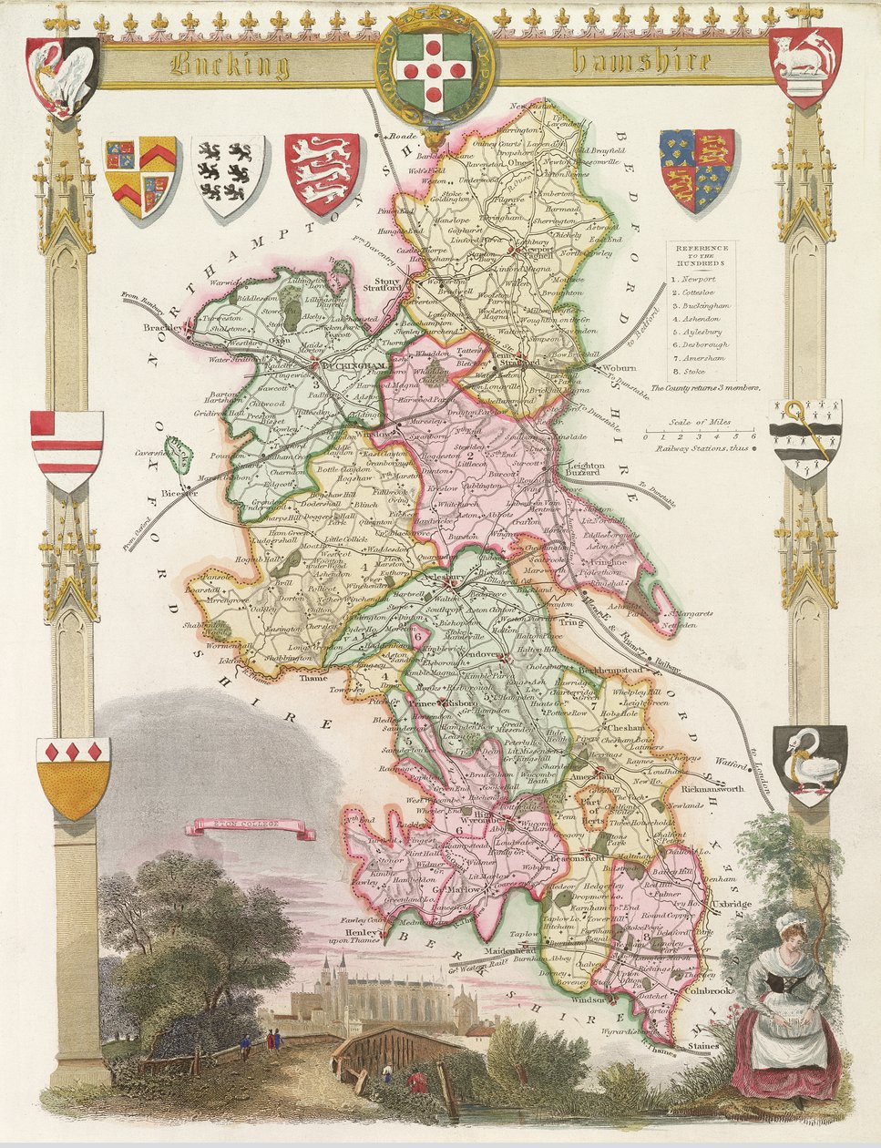 Buckinghamshire con ilustraciones de la Capilla del Colegio Eton (grabado coloreado a mano) de English School