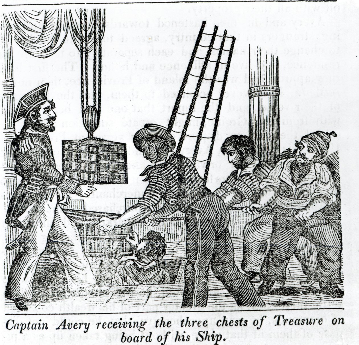 El capitán Avery recibiendo tres cofres de tesoro a bordo de su barco, ilustración de 