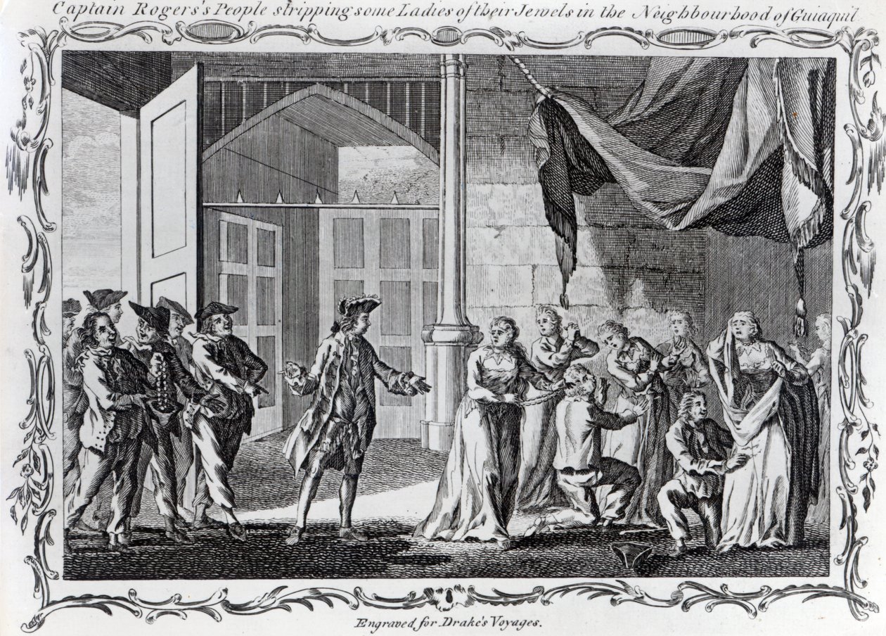La gente del Capitán Rogers despojando a unas damas de sus joyas en las cercanías de Guayaquil, 1765 de English School