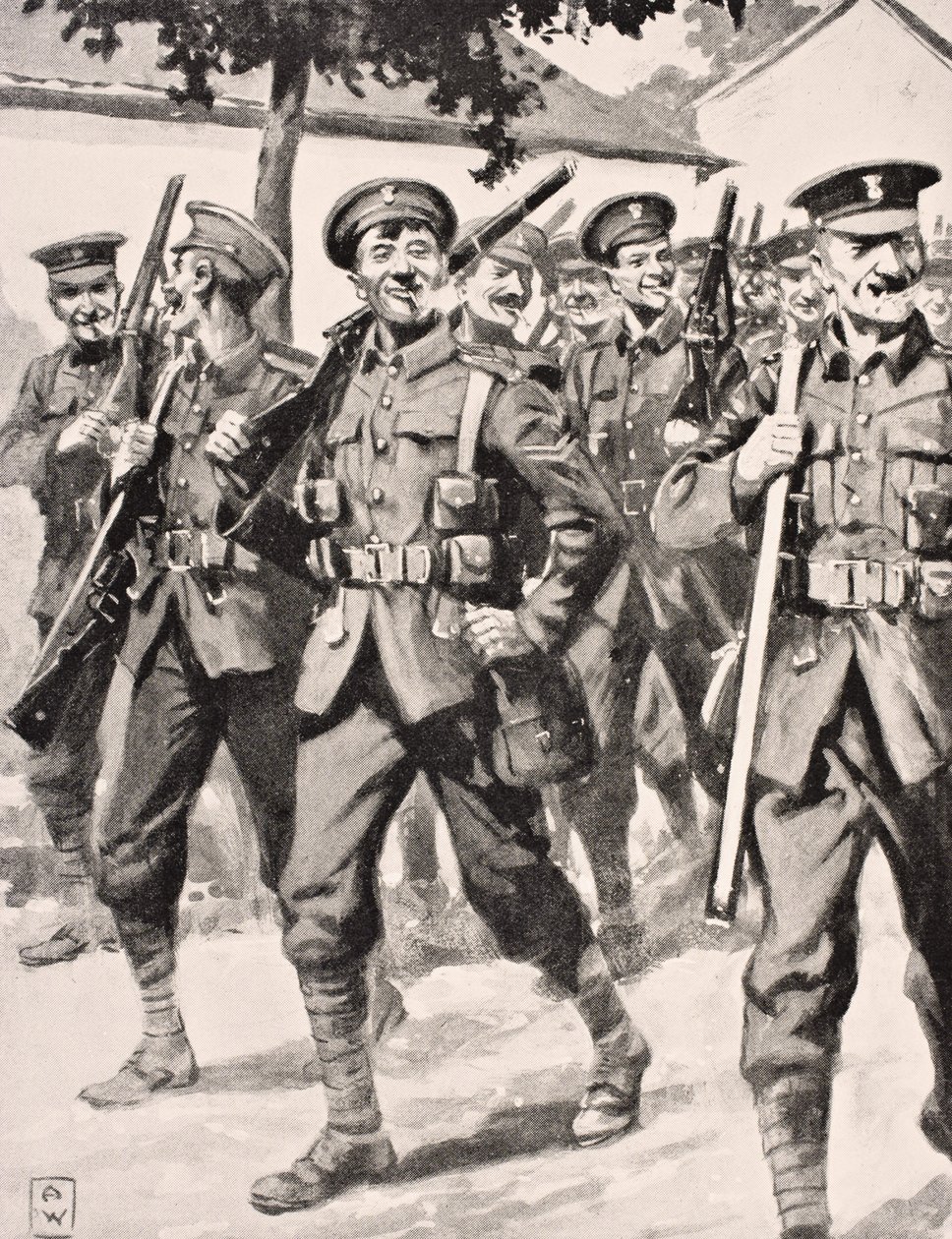 Dibujo caricaturesco de tropas británicas confiadas en camino al frente occidental, 1915, de 