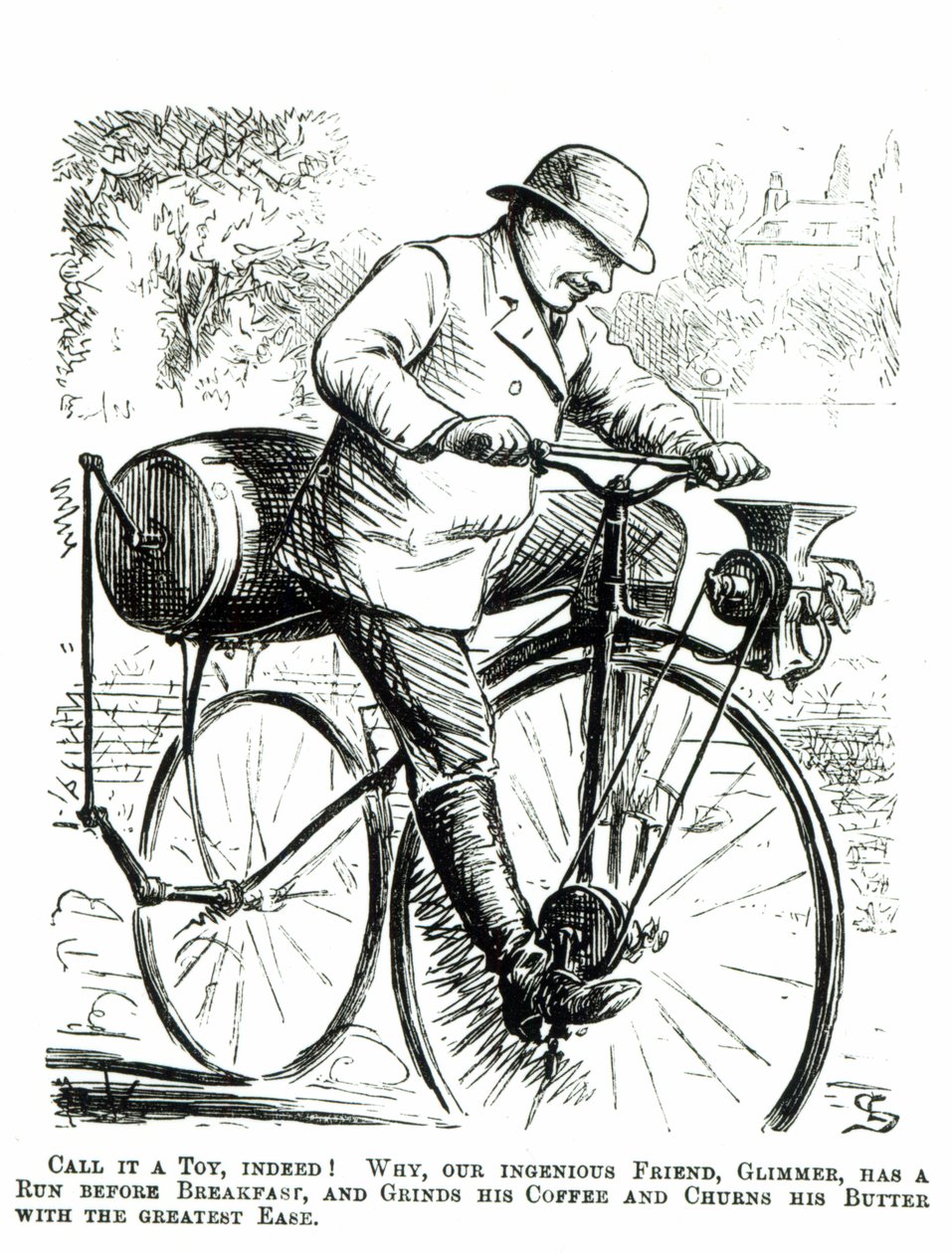 Caricatura burlándose de los primeros días de las bicicletas de English School