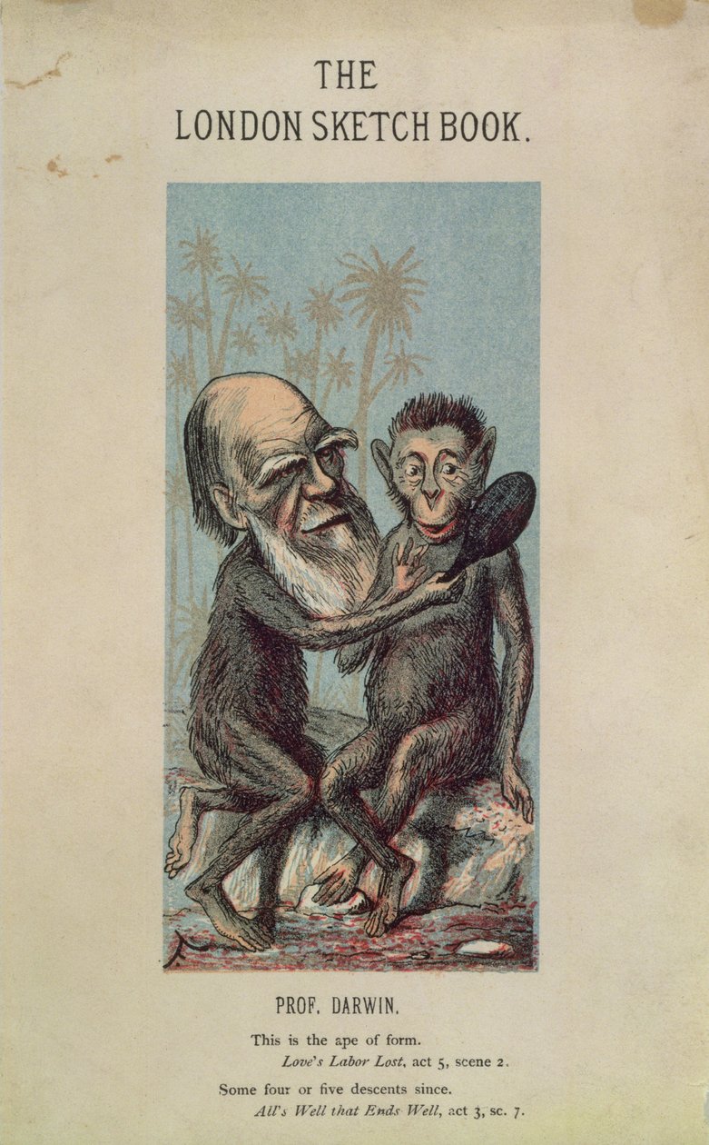 Caricatura de Darwin con un simio, del Libro de Bocetos de Londres, abril de 1874 Vol 1 No. 4 de English School