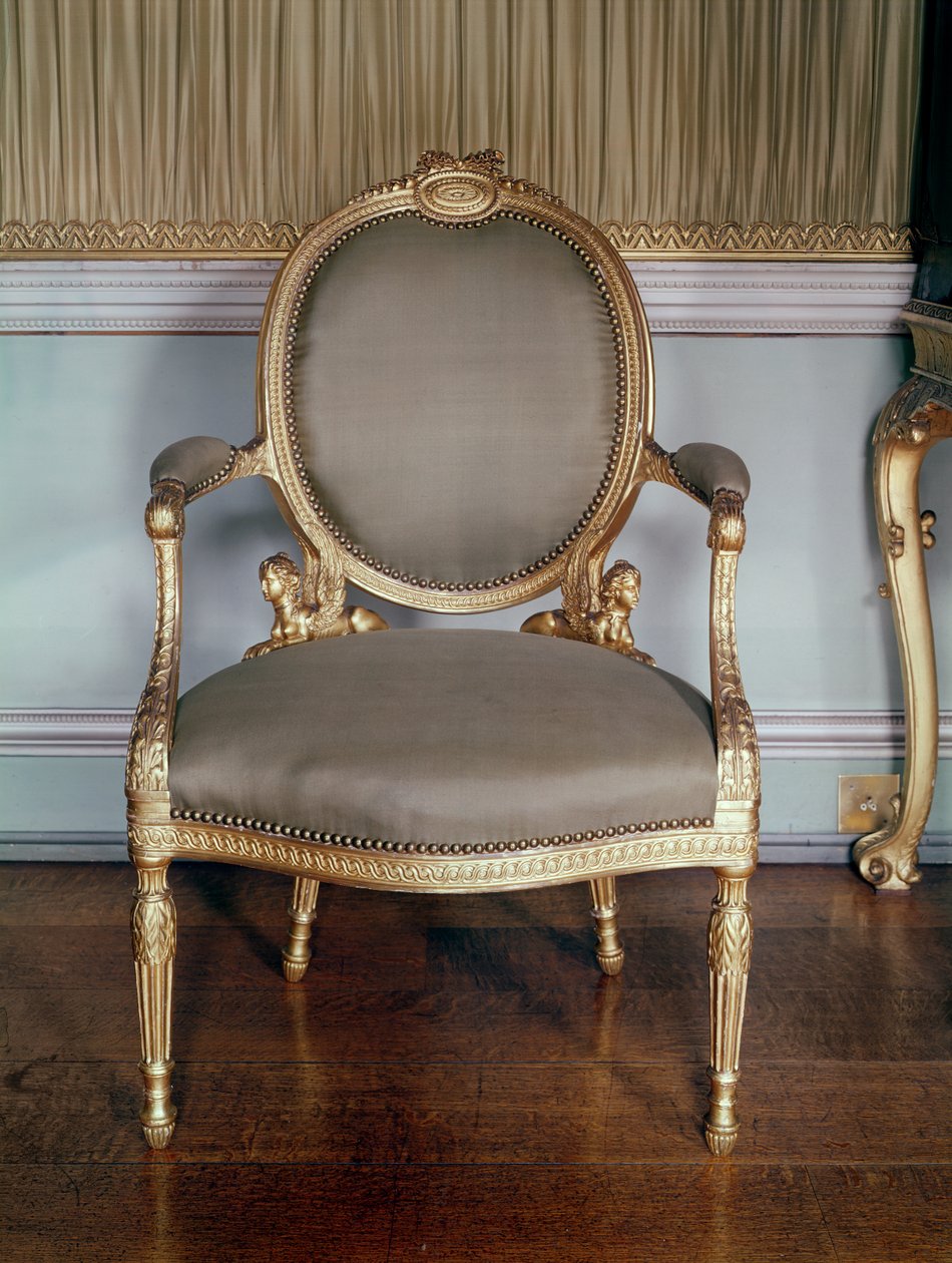 Sillón tallado con moldura de guilloché; diseño de Adams para una silla para el dormitorio en Osterley, 1777 de English School