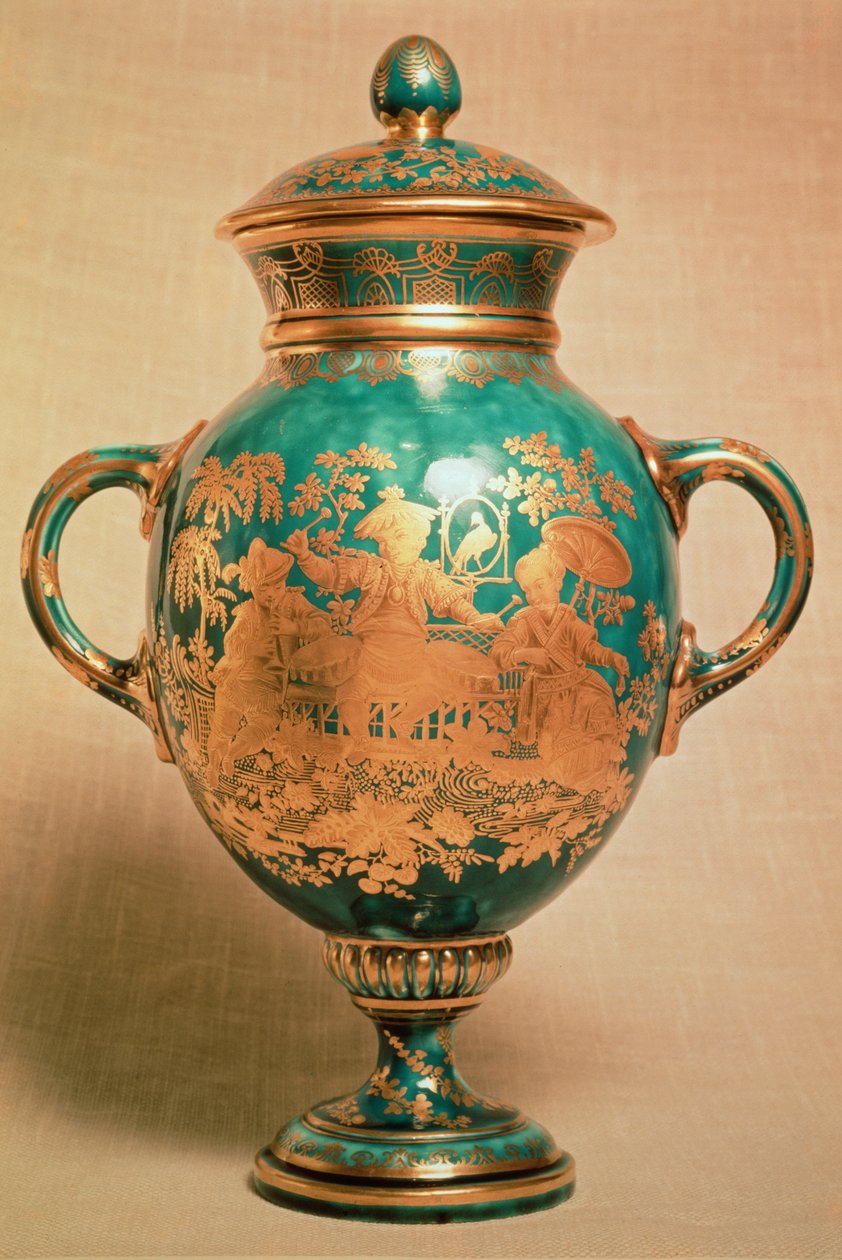 Jarrón de Chelsea y tapa con diseño de chinoiserie dorado, período Gold Anchor (1758-69) de English School