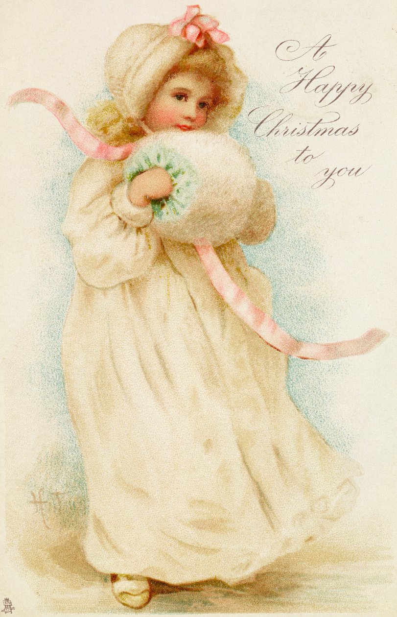 Tarjeta de Navidad que representa a una niña con un manguito de English School