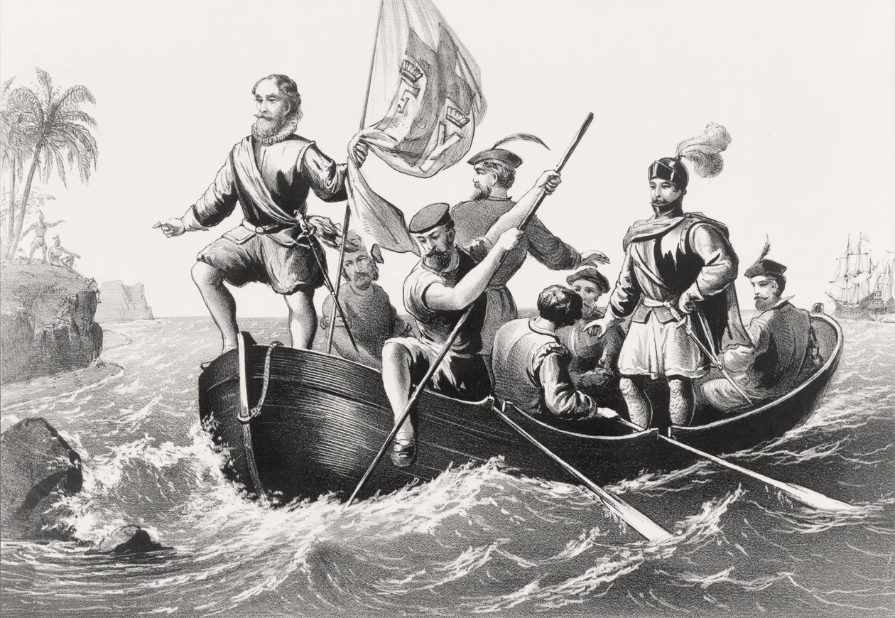 Cristóbal Colón desembarcando en San Salvador el 12 de octubre de 1492 de English School