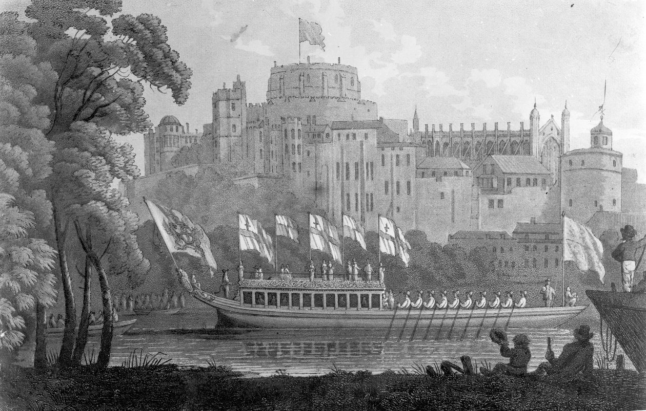 Barcaza estatal de la ciudad de Londres subiendo el río Támesis, frente al castillo de Windsor, en su camino a Oxford, después de una acuarela de 1812 de English School
