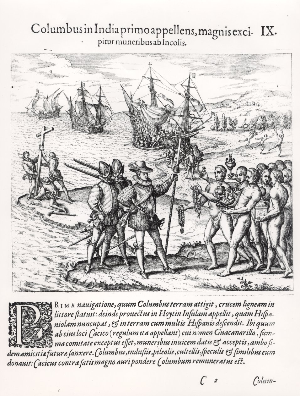 Colón en lo que primero se llamó India, recibido por los indios con regalos de English School