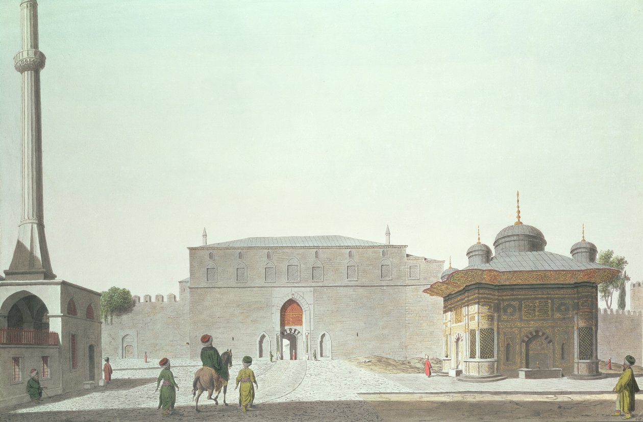 Constantinopla: Plaza de Santa Sofía mostrando la fuente y la Puerta Imperial del Antiguo Serrallo (Palacio de Topkapi) de English School