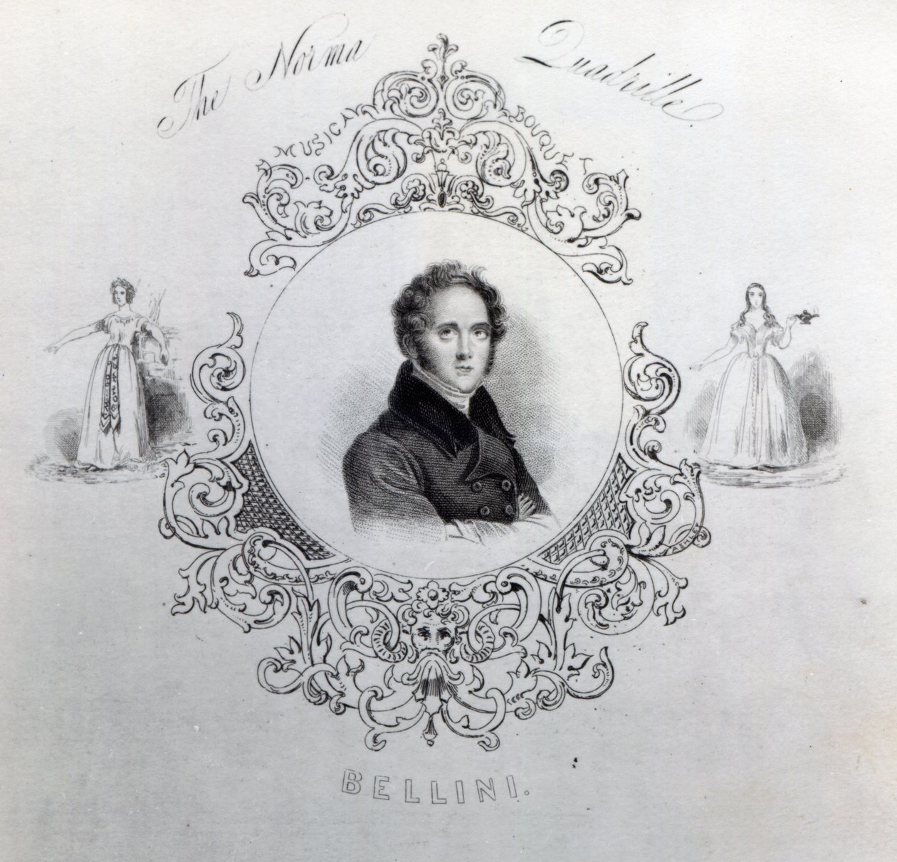Portada de Partitura para una Cuadrilla, con un retrato de Vincenzo Bellini de English School