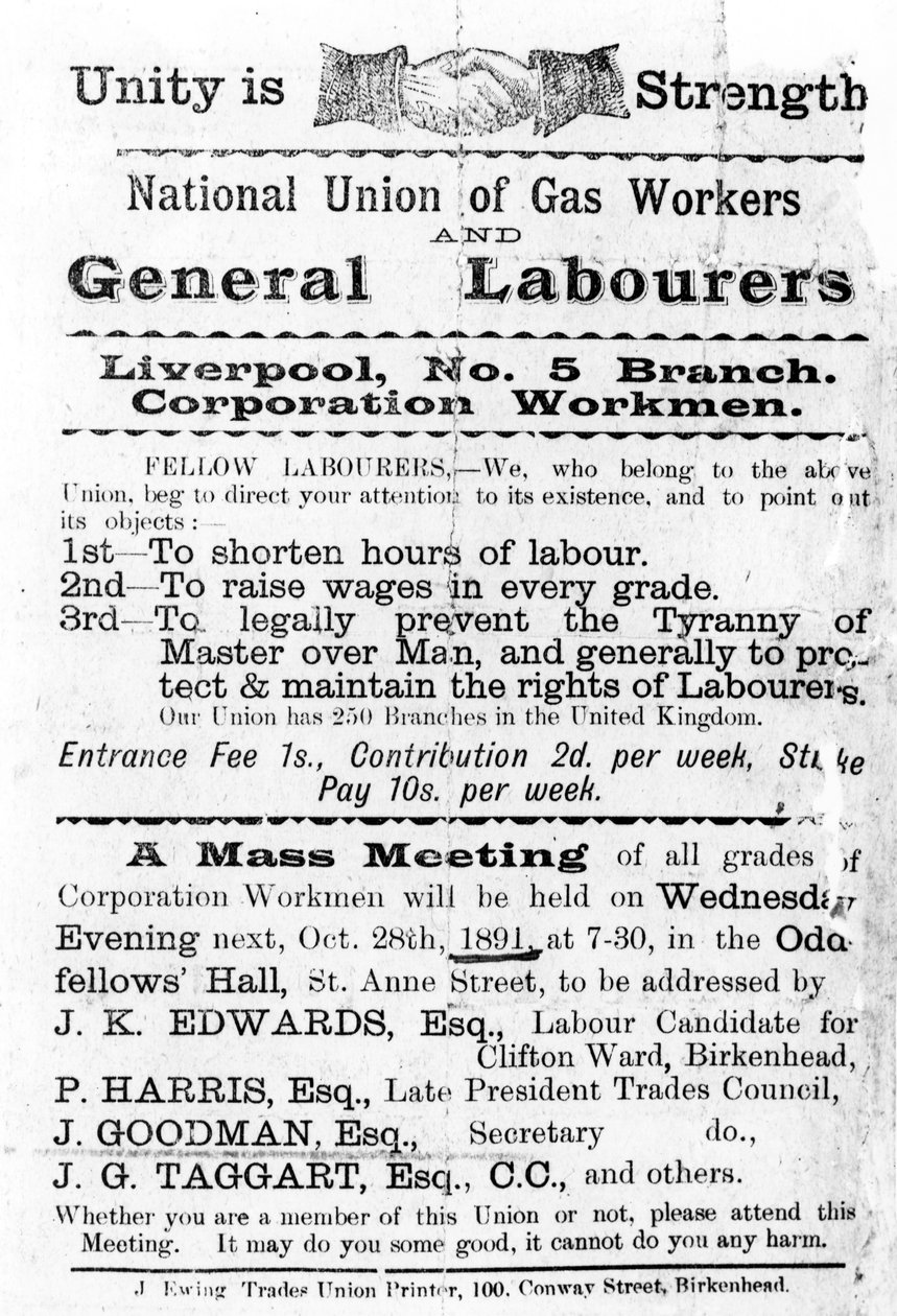 Declaración de la Unión Nacional de Trabajadores del Gas y Trabajadores Generales, 1891 de English School