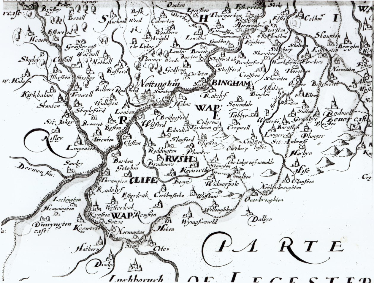 Detalle de un mapa del condado de Nottinghamshire que muestra la ciudad de Nottingham, 1642 de English School