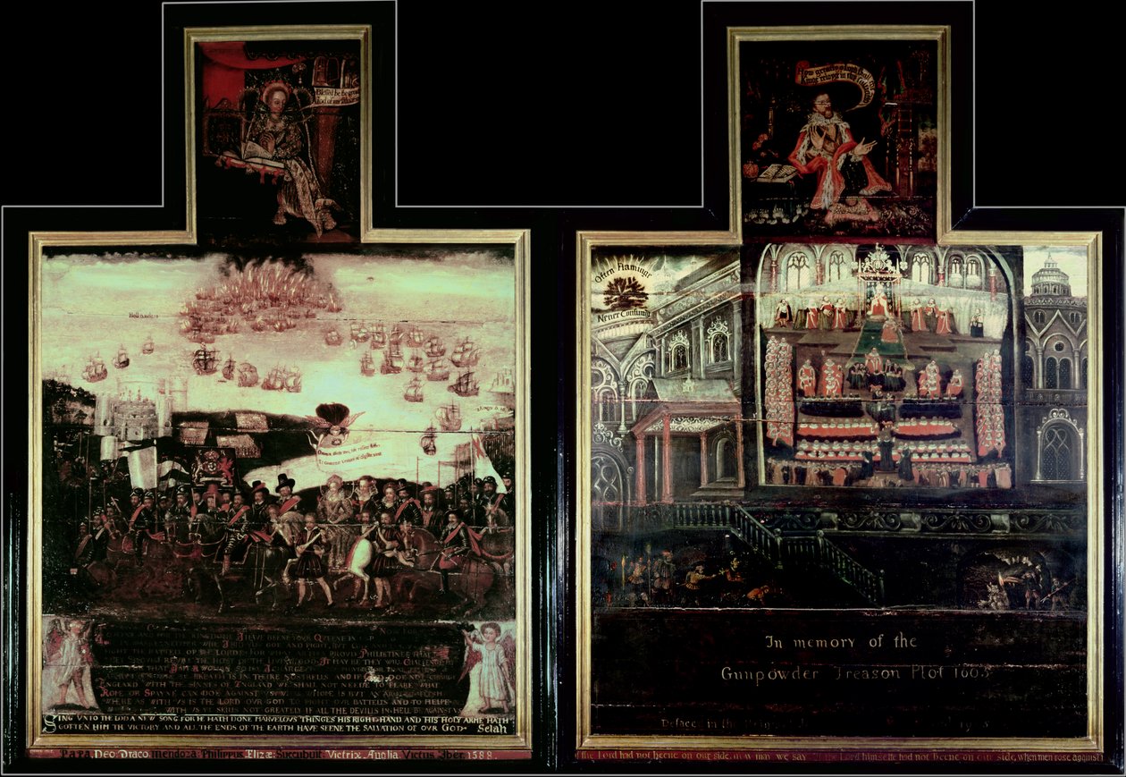 Díptico que representa la llegada de la Reina Isabel I (1530-1603) a Tilbury, la derrota de la Armada Española y la Conspiración de la Pólvora de English School