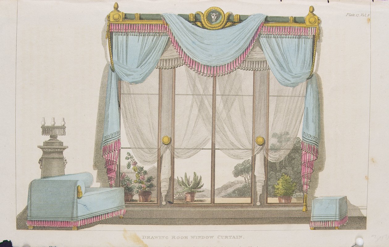 Cortina de ventana de sala de estar, lámina 43 de Ackermanns Repository of Arts, publicado en 1812 de English School