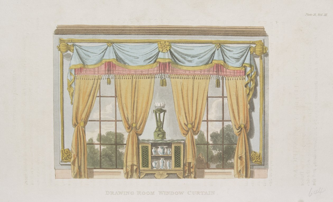 Cortina de ventana de sala de estar, lámina 93 de Ackermanns Repository of Arts, publicado en 1817 de English School