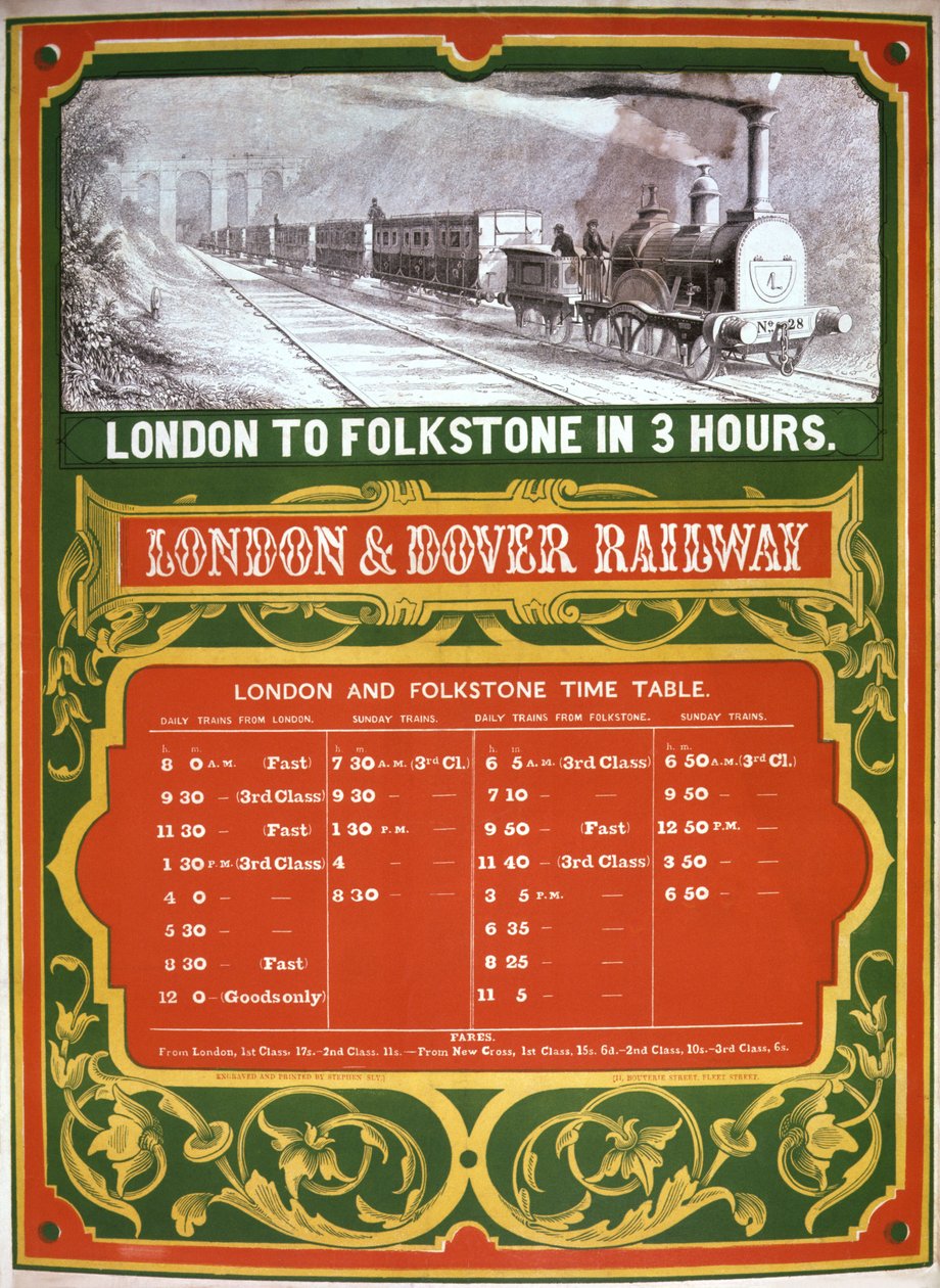 Primer horario del ferrocarril de Londres a Dover de English School