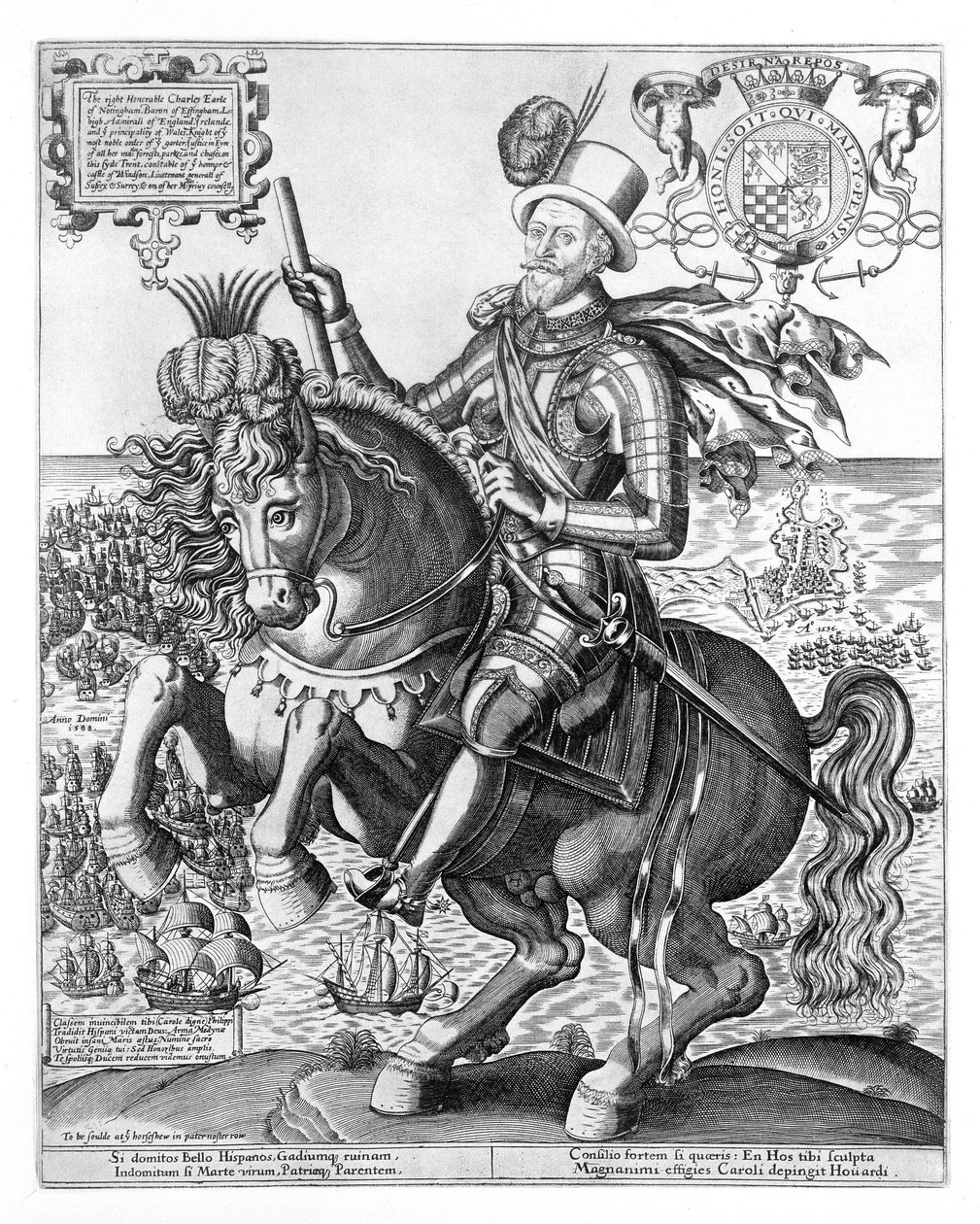 Retrato Ecuestre de Charles Howard (1536-1624) 2do Barón Howard de Effingham, 1er Conde de Nottingham, grabado por Thomas Cockson (fl.1591-1636) c.1597-1603 de English School