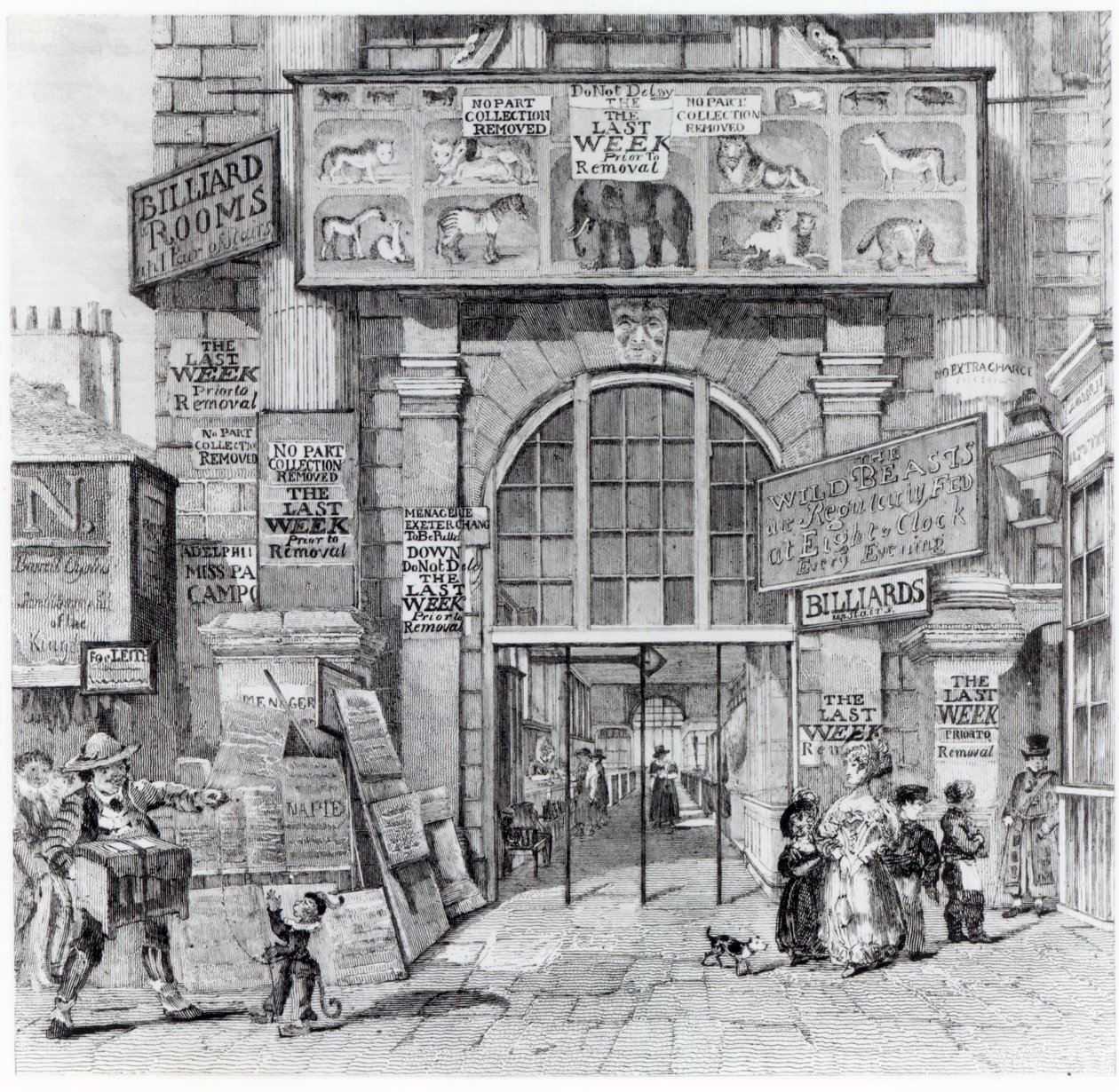 Exeter Change mostrando la entrada a la Real Gran Menagerie Nacional de Edward Cross, c.1829 de English School