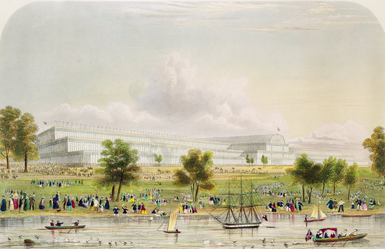 Vista exterior de la Gran Exposición de todas las Naciones, desde el Serpentine, pub. por Reed y Co. 1851 (impresión) de English School